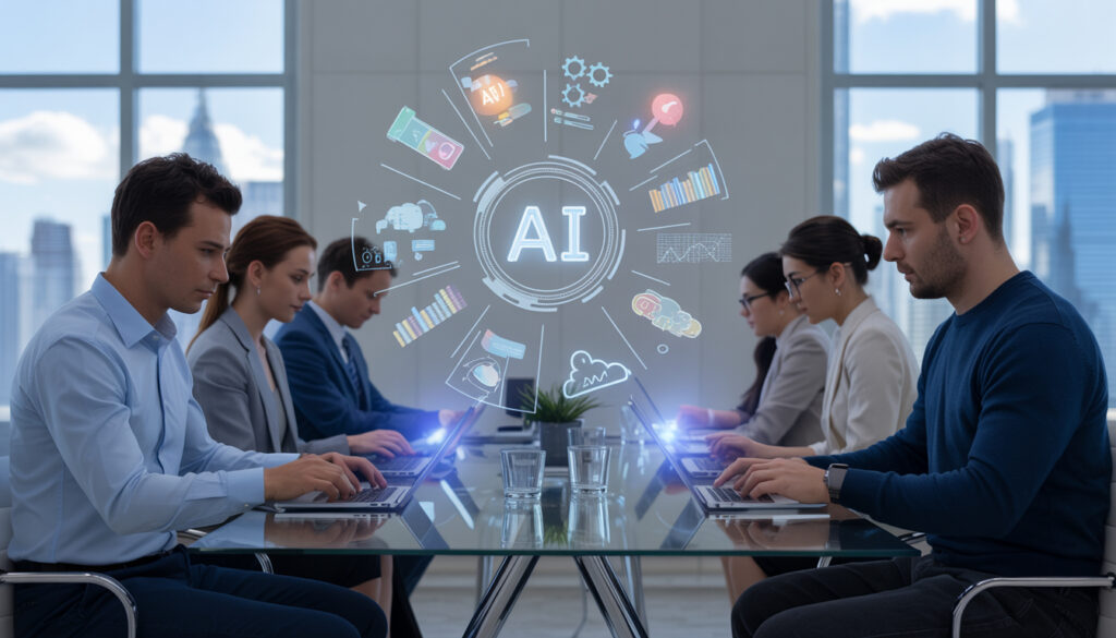 AI in digital marketing: Digital marketers using laptops with AI icons, analytics charts, and digital marketing symbols floating above, representing AI-powered marketing automation and innovation in 2026