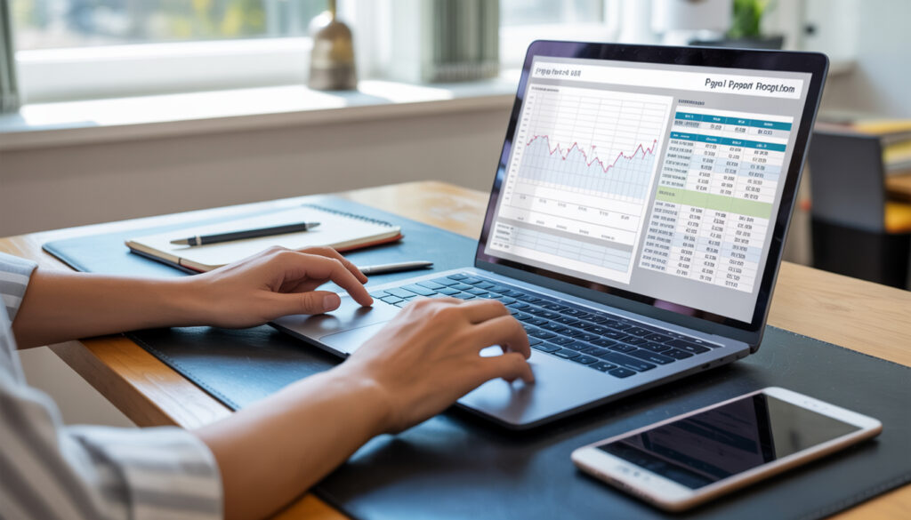 Best Payroll Software: Person using payroll software on a laptop at a desk, with digital charts and pay information on the screen