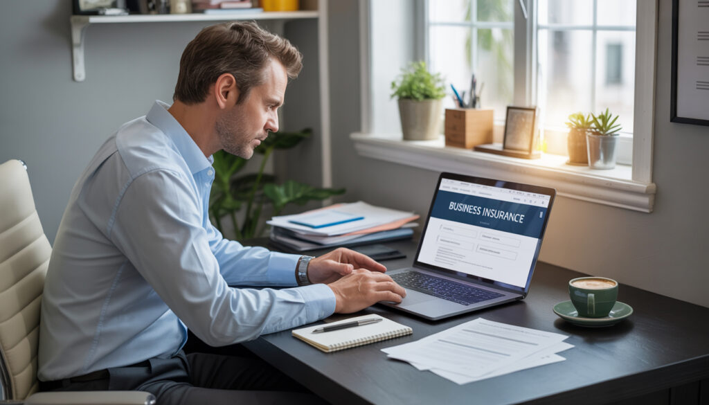 Small business owner comparing business insurance options online on a laptop, with insurance icons representing coverage and security