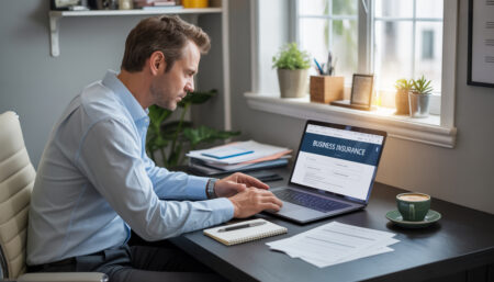 Small business owner comparing business insurance options online on a laptop, with insurance icons representing coverage and security