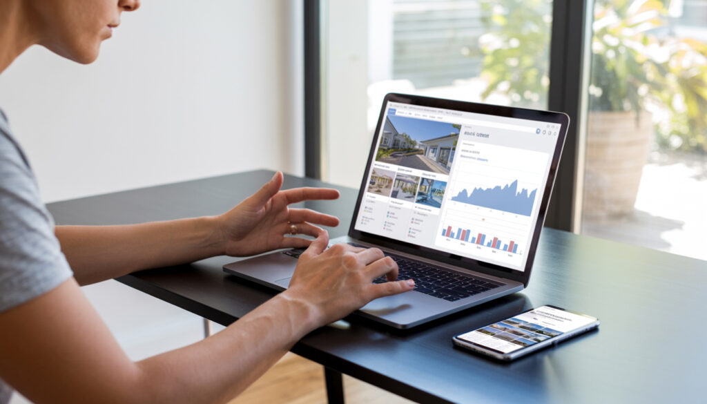 A person using a smartphone or laptop to browse real estate investing platforms online, with property images and financial graphs on the screen.