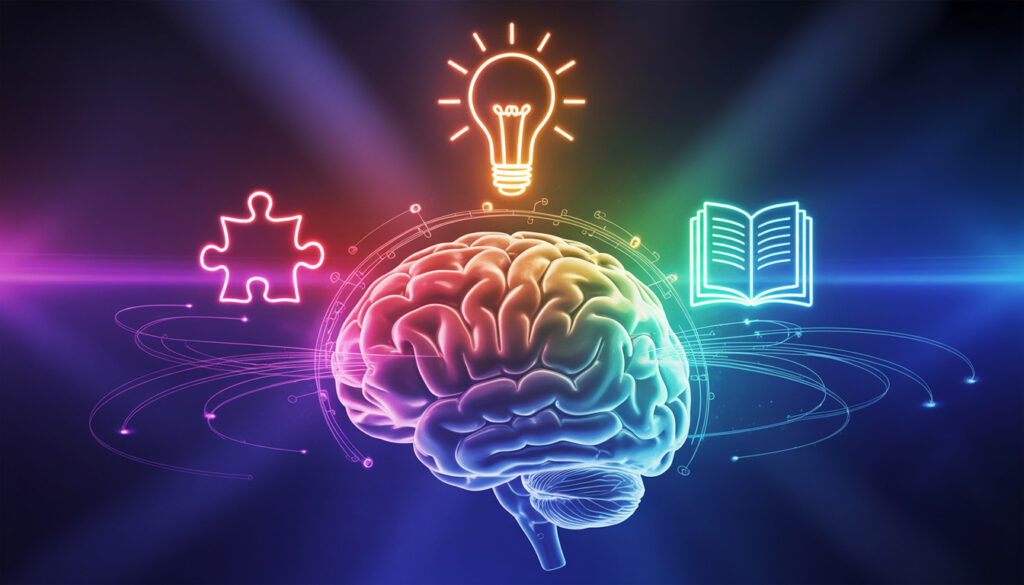 Human brain facts: A bright illustration of a human brain, with surrounding icons and digital effects representing memory, creativity, and learning