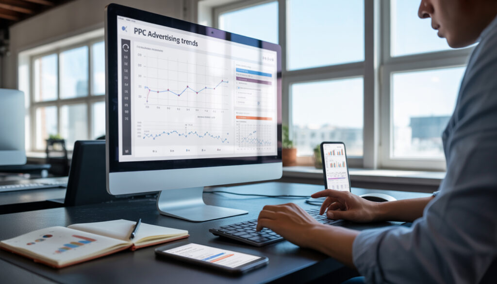 PPC Advertising Trends: Digital marketer reviewing Google Ads analytics dashboard with graphs and ROI metrics on a laptop in a modern office setting