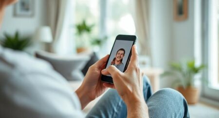 Person using a smartphone for a digital mental health app, sitting in a bright, comfortable home setting with a calm and hopeful atmosphere.