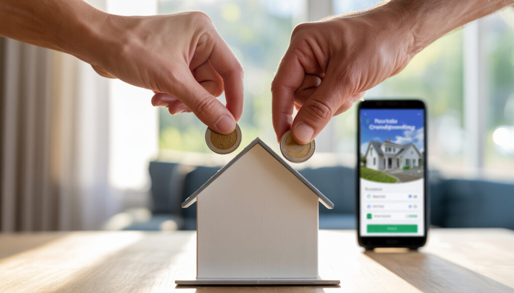 Close-up of hands placing coins into a small house model with a smartphone displaying a real estate crowdfunding app in the background, representing accessible property investment for all