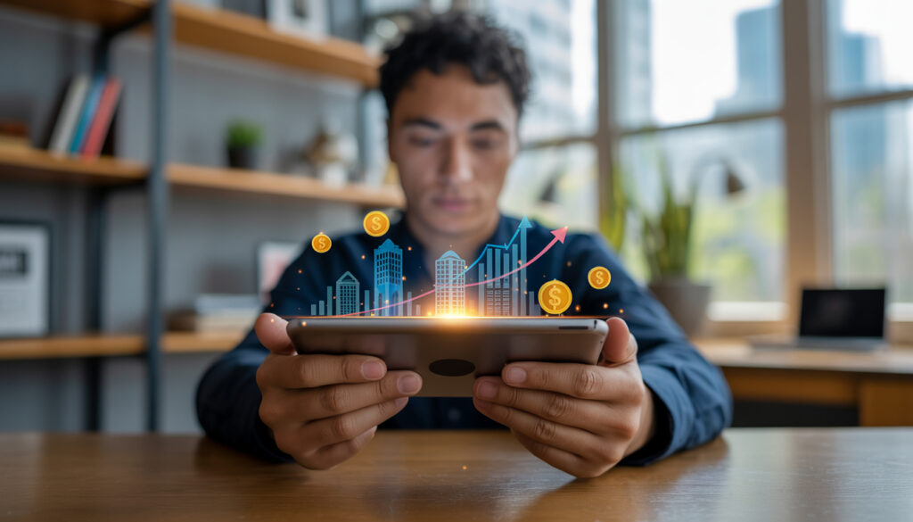 Real Estate Investing Platforms and REITs: Person using a smartphone or tablet to invest in real estate, with digital icons of buildings, charts, and coins overlaying the screen.