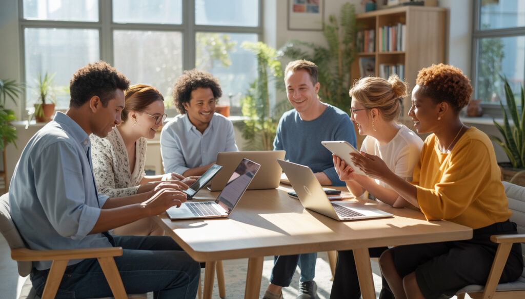 Social Learning and Collaboration Tools: Diverse group of adults collaborating on laptops and tablets in a bright, friendly setting—symbolizing online study groups and social learning platforms