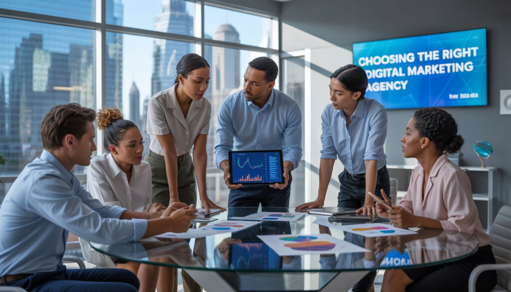 Team of professionals in a modern office reviewing digital marketing strategies on laptops with graphs and marketing icons visible, symbolizing agency collaboration and results.