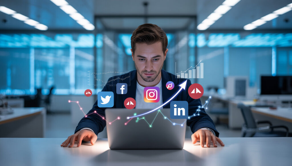 social media marketing strategies in 2026: Digital marketer using a laptop with floating social media icons and analytics graphics, representing social media marketing strategies in 2026