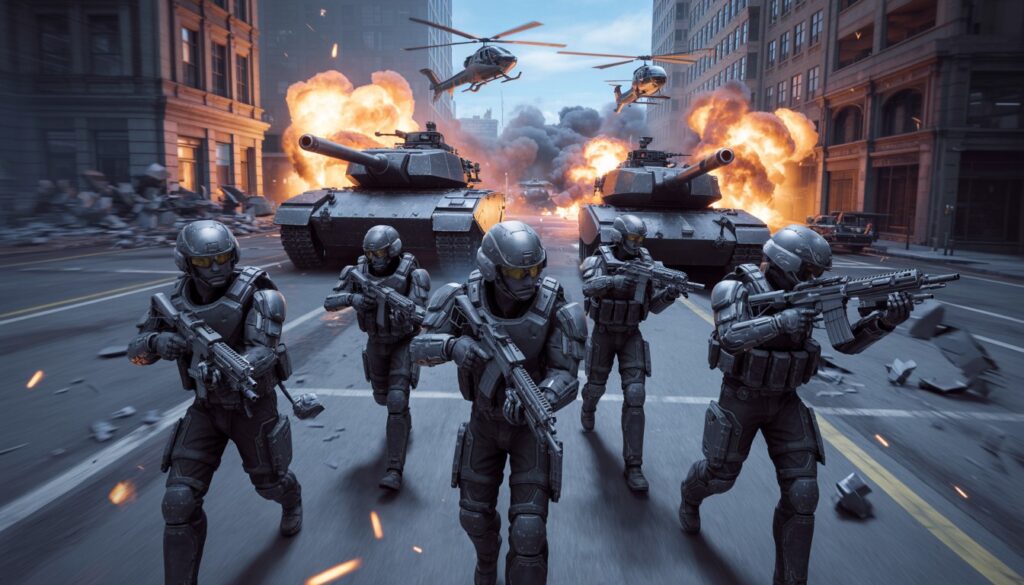 A high-quality, original image (at least 1200px wide) shows a dramatic Battlefield 6 multiplayer scene: soldiers in futuristic combat gear storm a war-torn city, with tanks and helicopters in the background, explosions lighting up the sky. The image is optimized for large previews and mobile devices