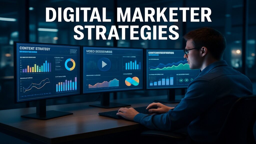 Content marketers in 2026 analyzing digital marketing trends and ROI on multiple screens, featuring video content and data-driven dashboards.