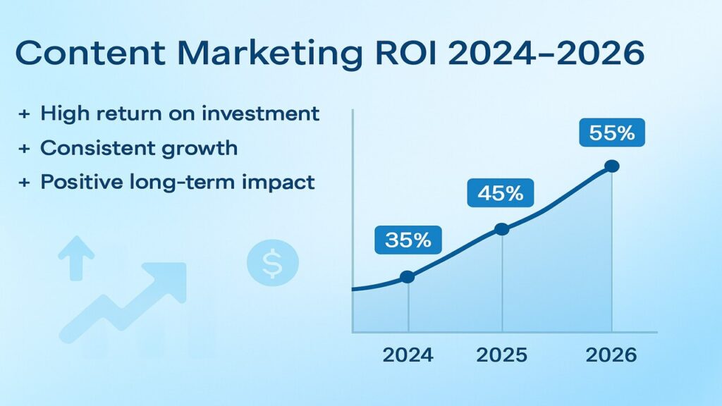 content marketing ROI graph 2026 showing growth in average return per $1 spent, with video content as the top driver.